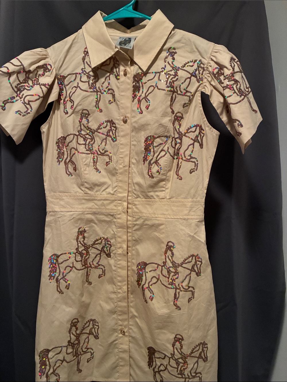 Beaded Equestrian Embroidered Tan Shirt Dress